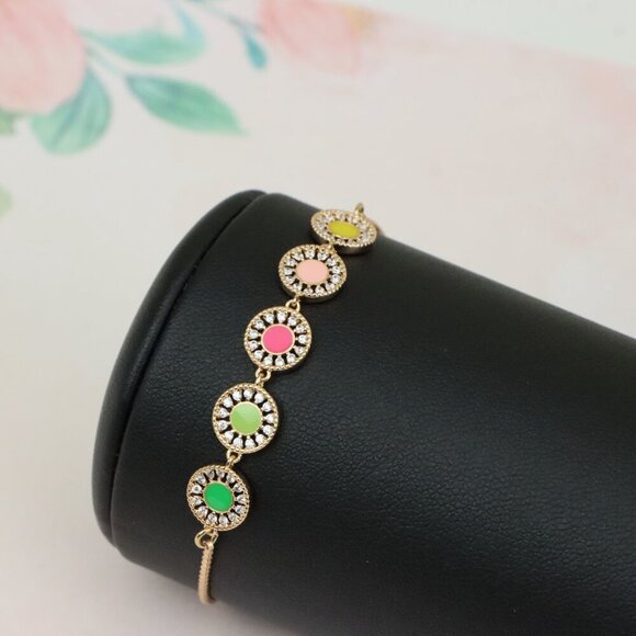 Rose Gold Adjustable Bracelet with Colorful CZ Disc Charms, XPAB0659 - Picture 7 of 12